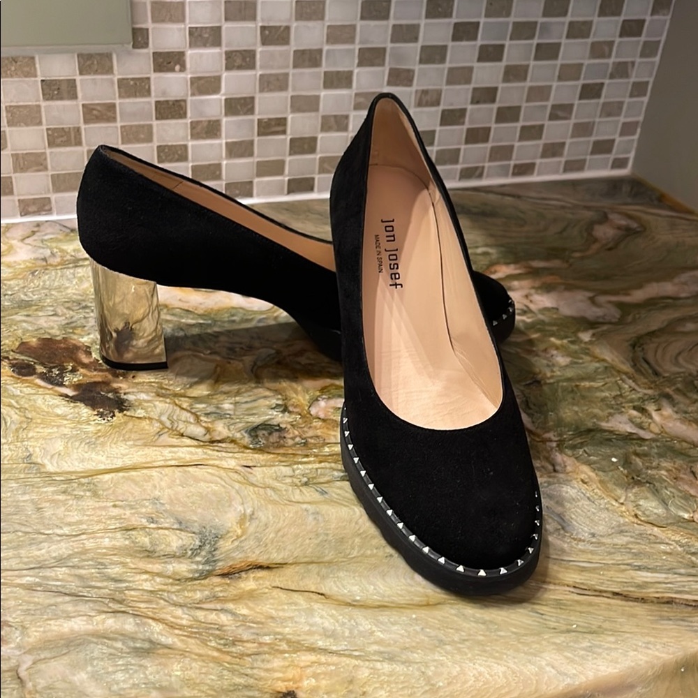 Jon Josef Black Suede Block Silver Heel Pumps Never Worn, 9.5